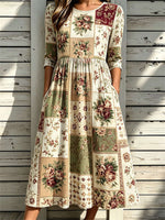 Women's Multi Patchwork Floral Print Round Neck 3/4 Sleeve Midi Dress