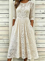 Women's Ivory Hollow Crochet Lace Round Neck 3/4 Sleeve Midi Dress