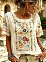 Women's Beige Multicolor Floral Embroidered Round Neck Short Sleeve Blouse