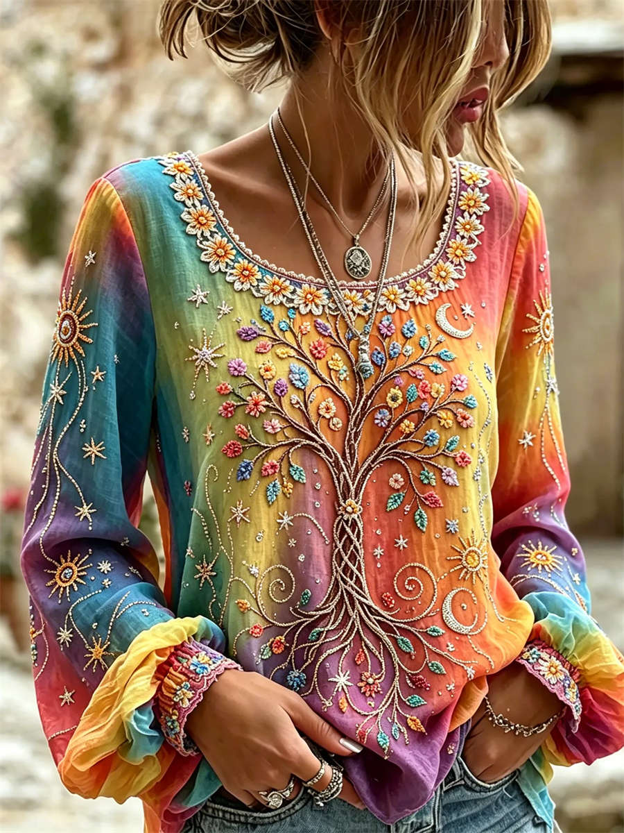 Women's Multi Tree Of Life Floral Embroidery Round Neck Long Sleeve Blouse