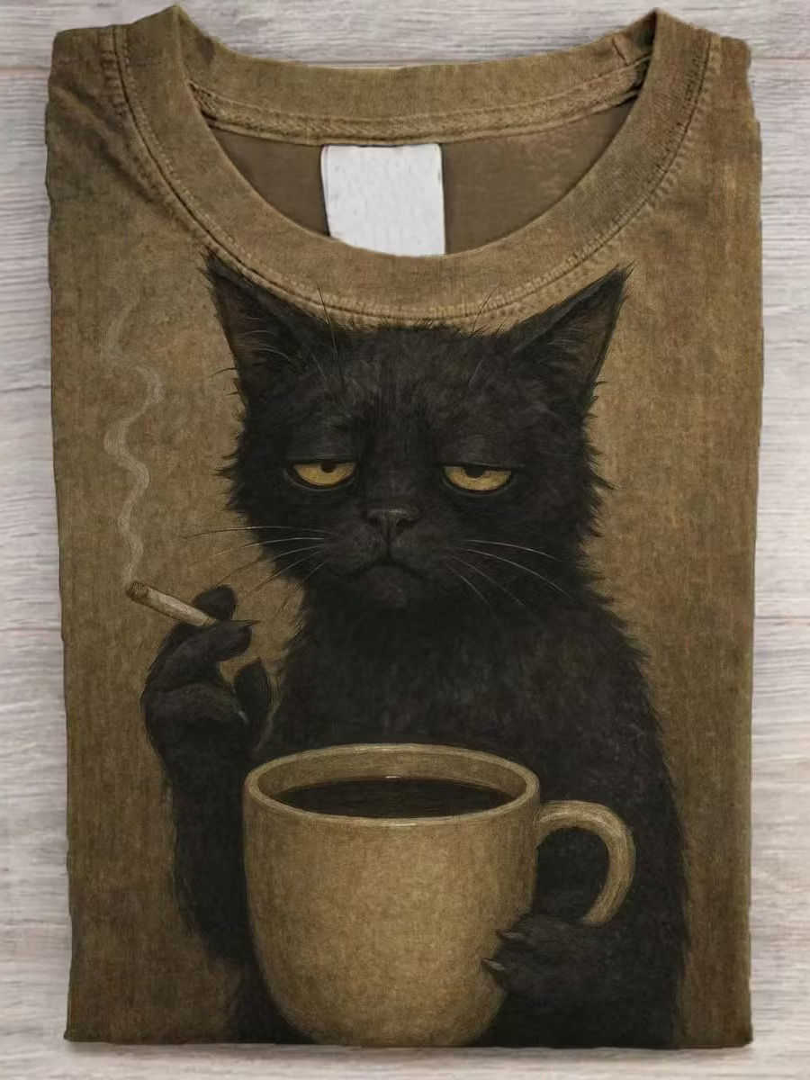 Women's Khaki Funny Cat Print Round Neck Short Sleeve Tee