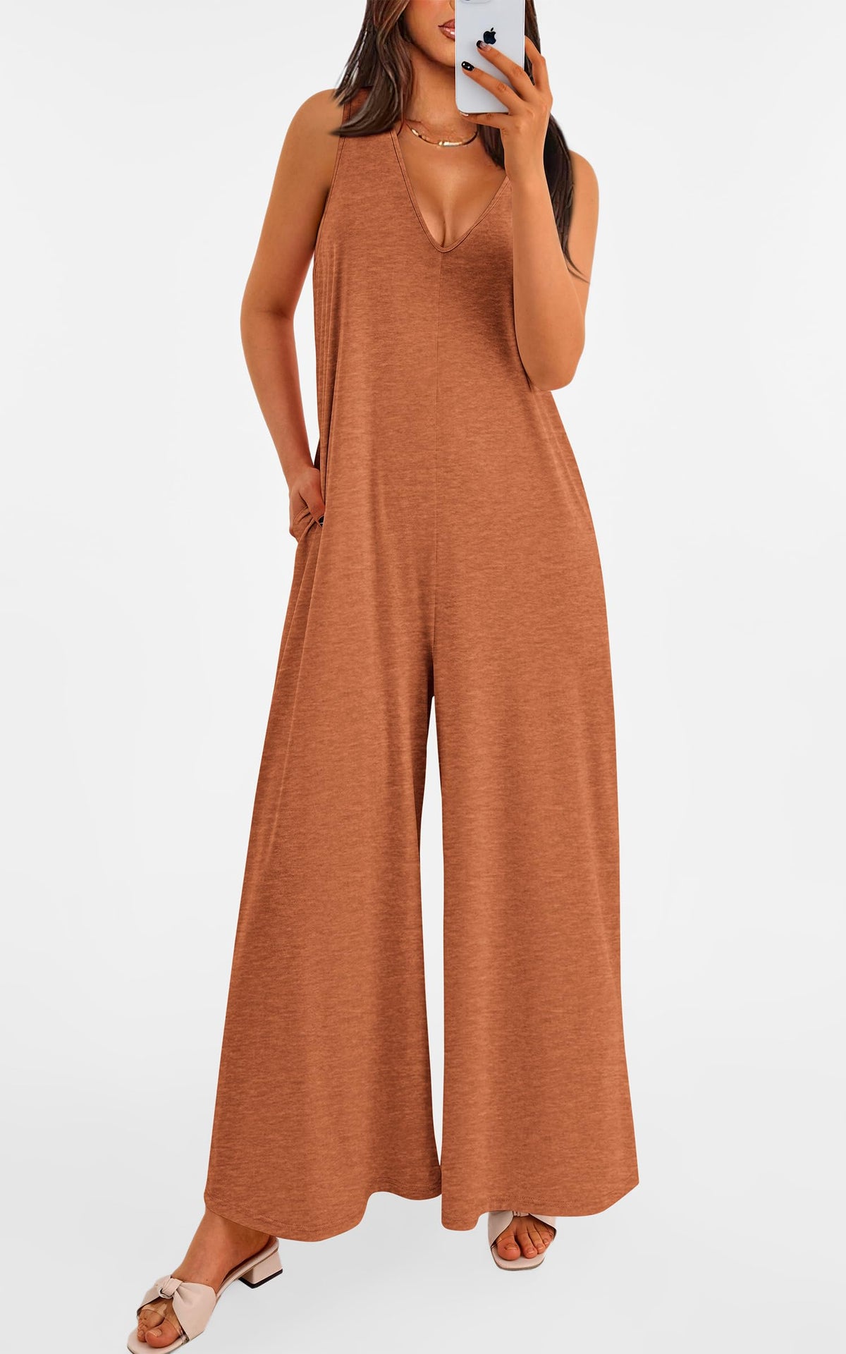 Women's Casual Wide Strap Sleeveless Tank Top V Neck Wide Leg Jumpsuit