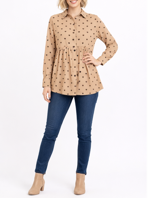 Women's Heart Print Ruffled Blouse
