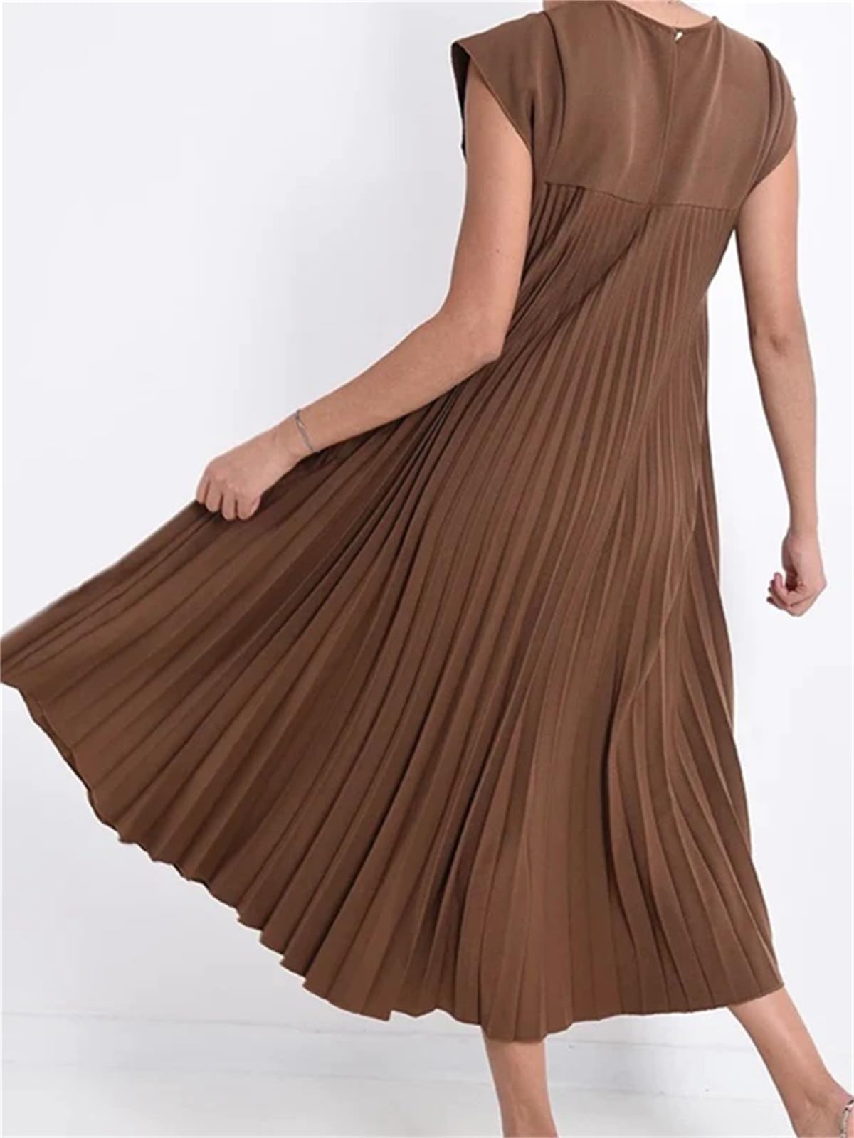Women's Cap Sleeve Pleated Flowy Maxi Dress