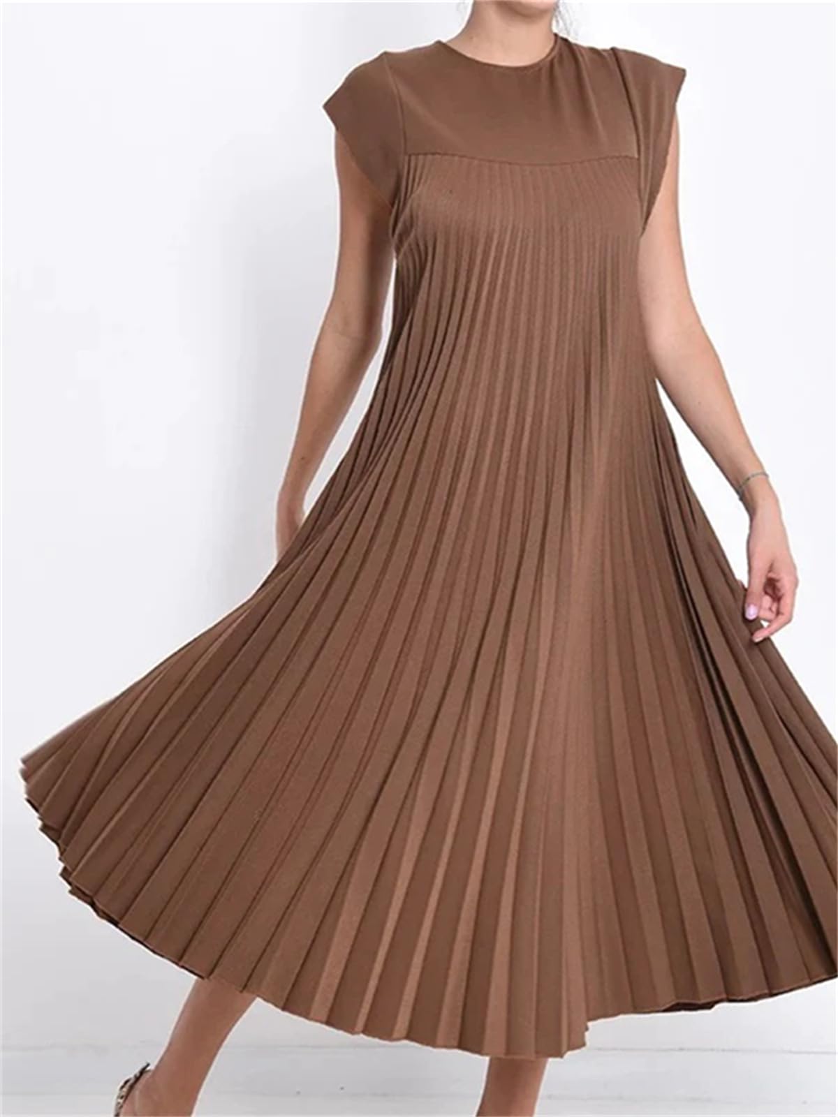 Women's Cap Sleeve Pleated Flowy Maxi Dress