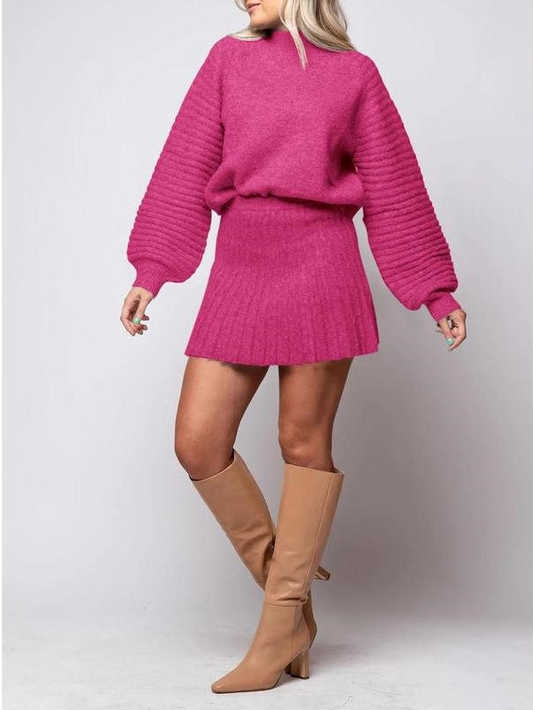 Women's Ribbed Sweater Two Piece Skirt Sets