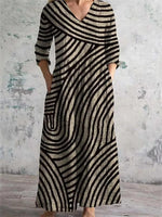 Beige Irregular Curve Stripe Print V Neck 3/4 Sleeve Linen Maxi Dress