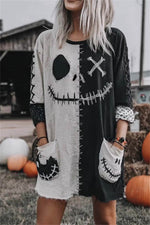Women's Halloween Multi Spooky Face Round Neck Long Sleeves Mini dress