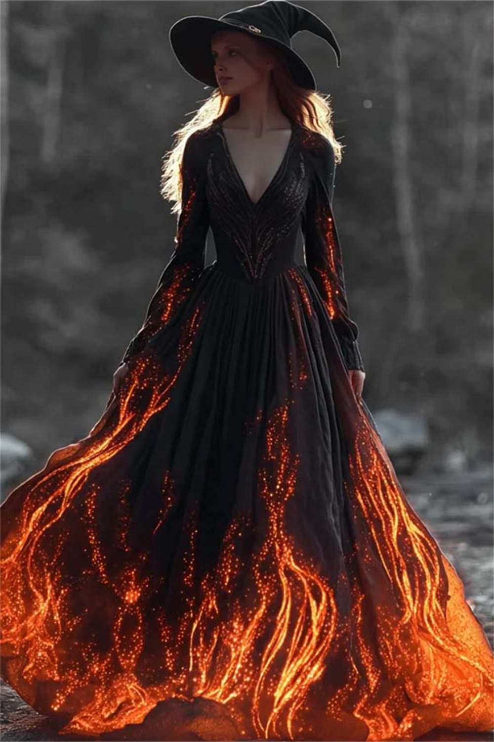 Women's Halloween Black Flame Print V Neck Long Sleeve Maxi Dress