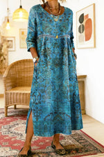 Women's Blue Floral Round Neck Three Quarter Sleeves Maxi Dress