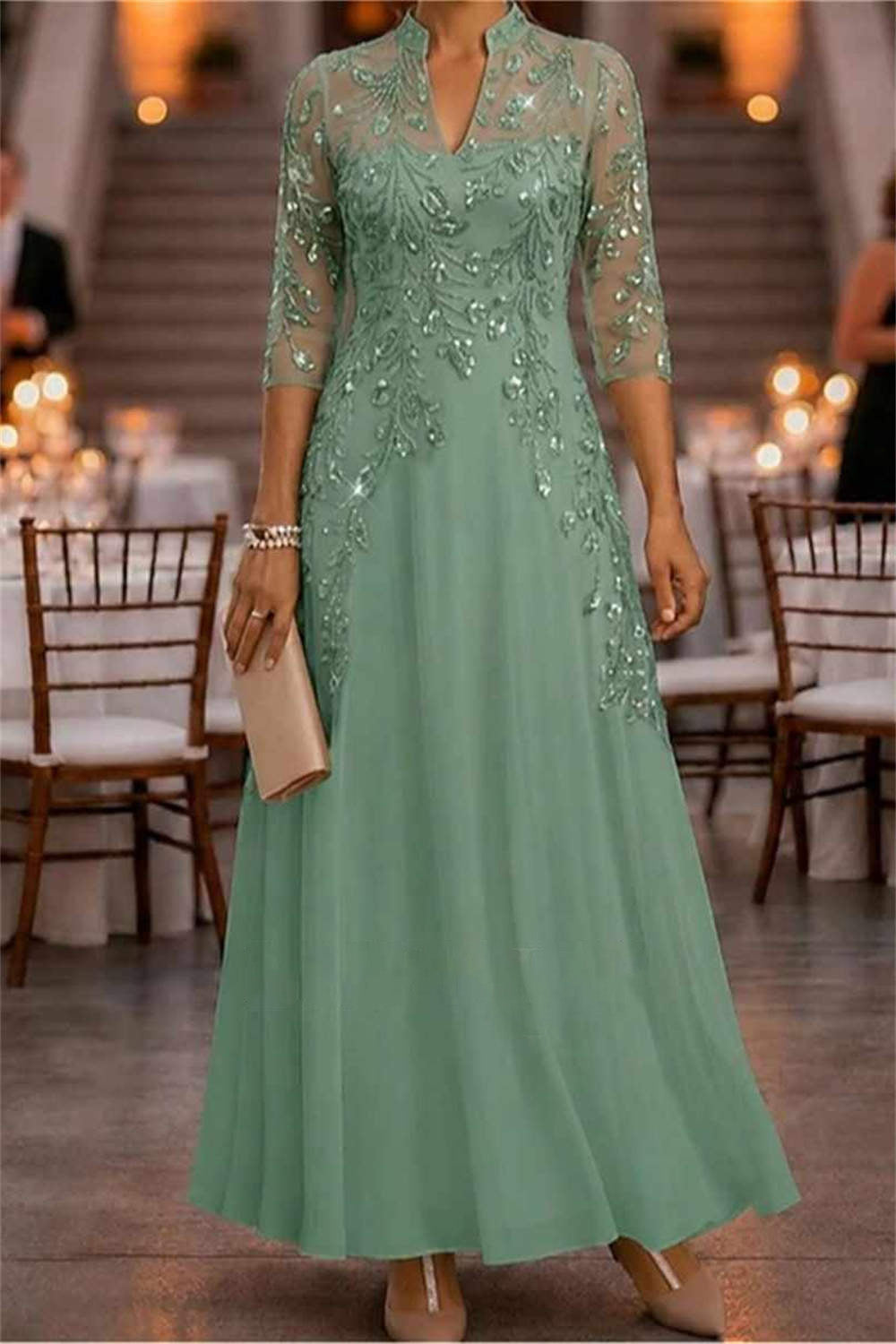 Women's Sage Green Solid Stand Collar Three Quarter Sleeve Maxi Dress