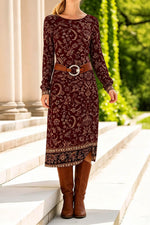 Women's Burgundy Beige Floral Round Neck Long Sleeve Midi Dress