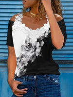 Floral Print Off-Shoulder Lace Short Sleeves T-shirt