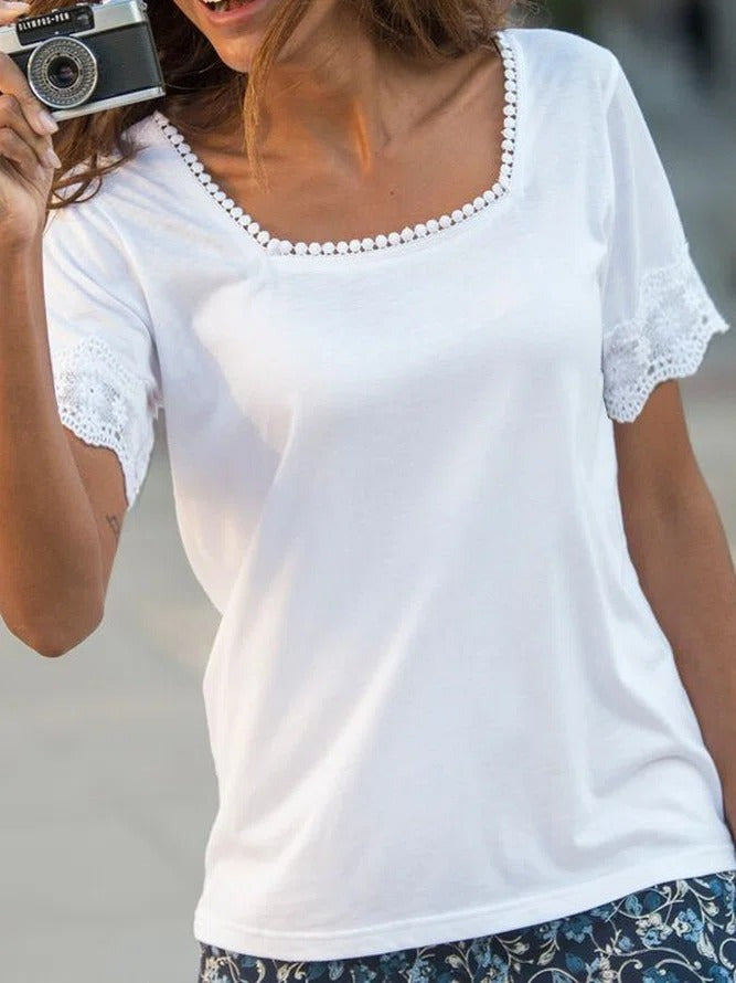Solid Color Square Neck Lace Short Sleeves T-shirt