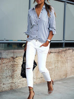 Stripe Print Lapel Buttons Long Sleeves Blouse