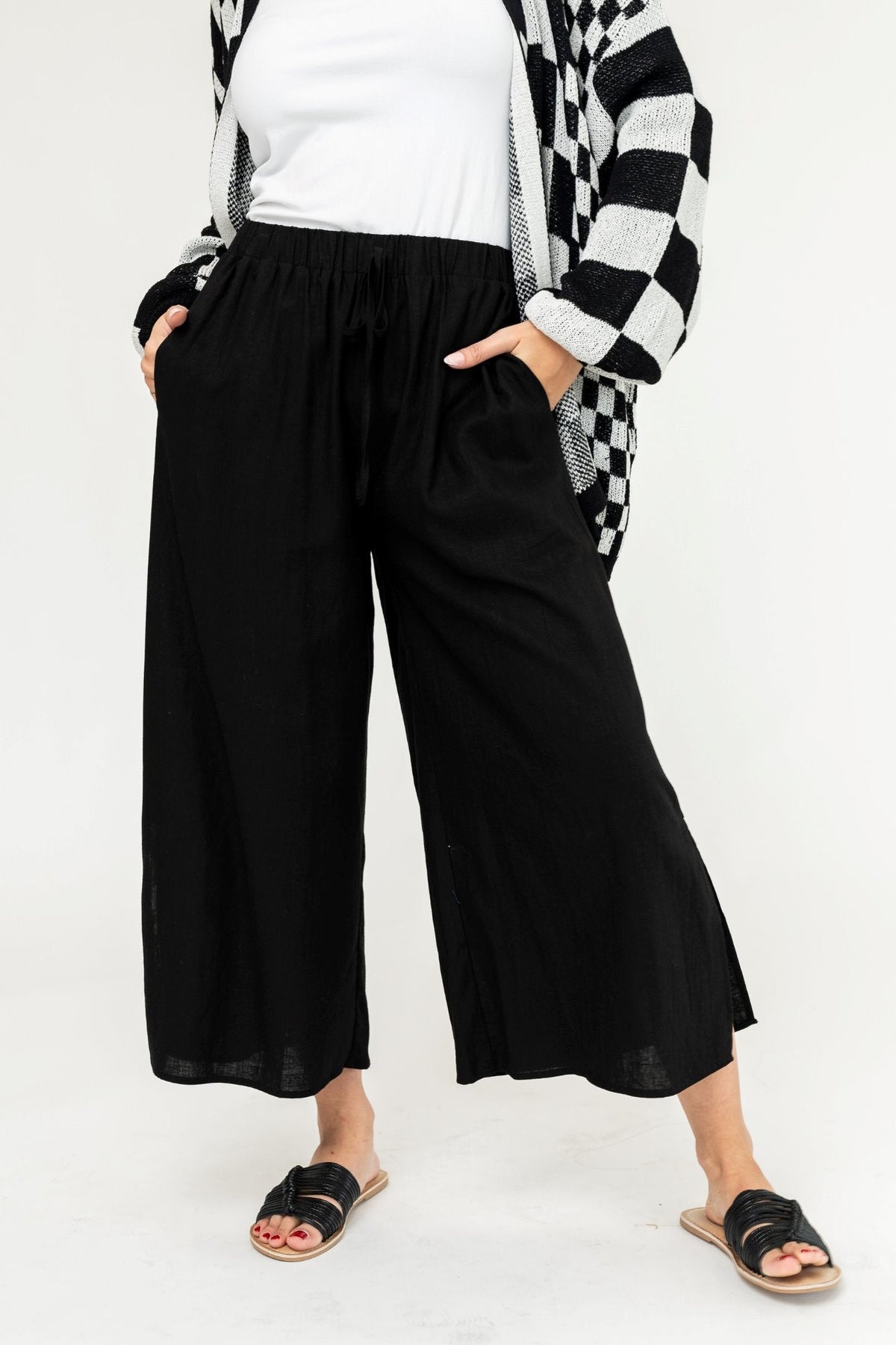 Women's Drawstring Wide Leg Side Slit Pants