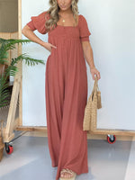 Women's Square Neckline Jumpsuit with Smocked Bodice Button