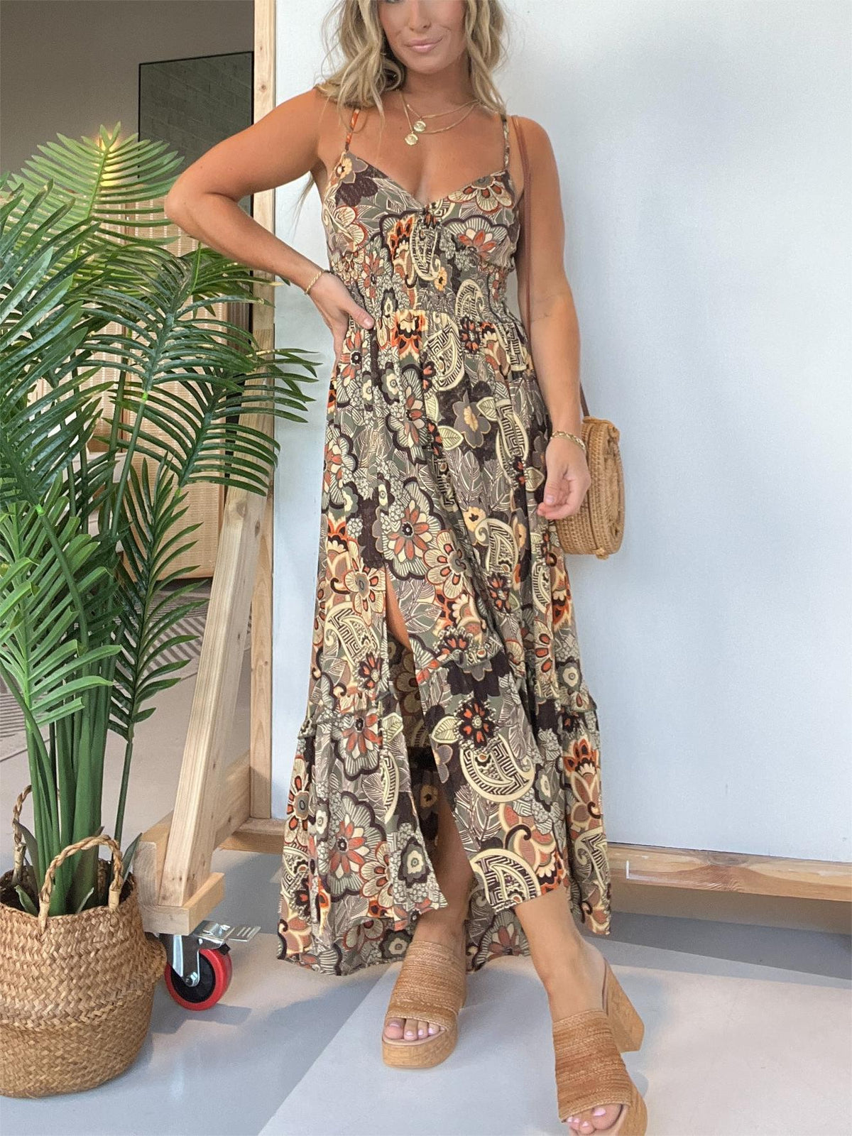 Spaghetti Strap Floral Hi Lo Hem Maxi Dress