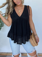 New V-neckline Sleeveless Flow Top with Lace Trim