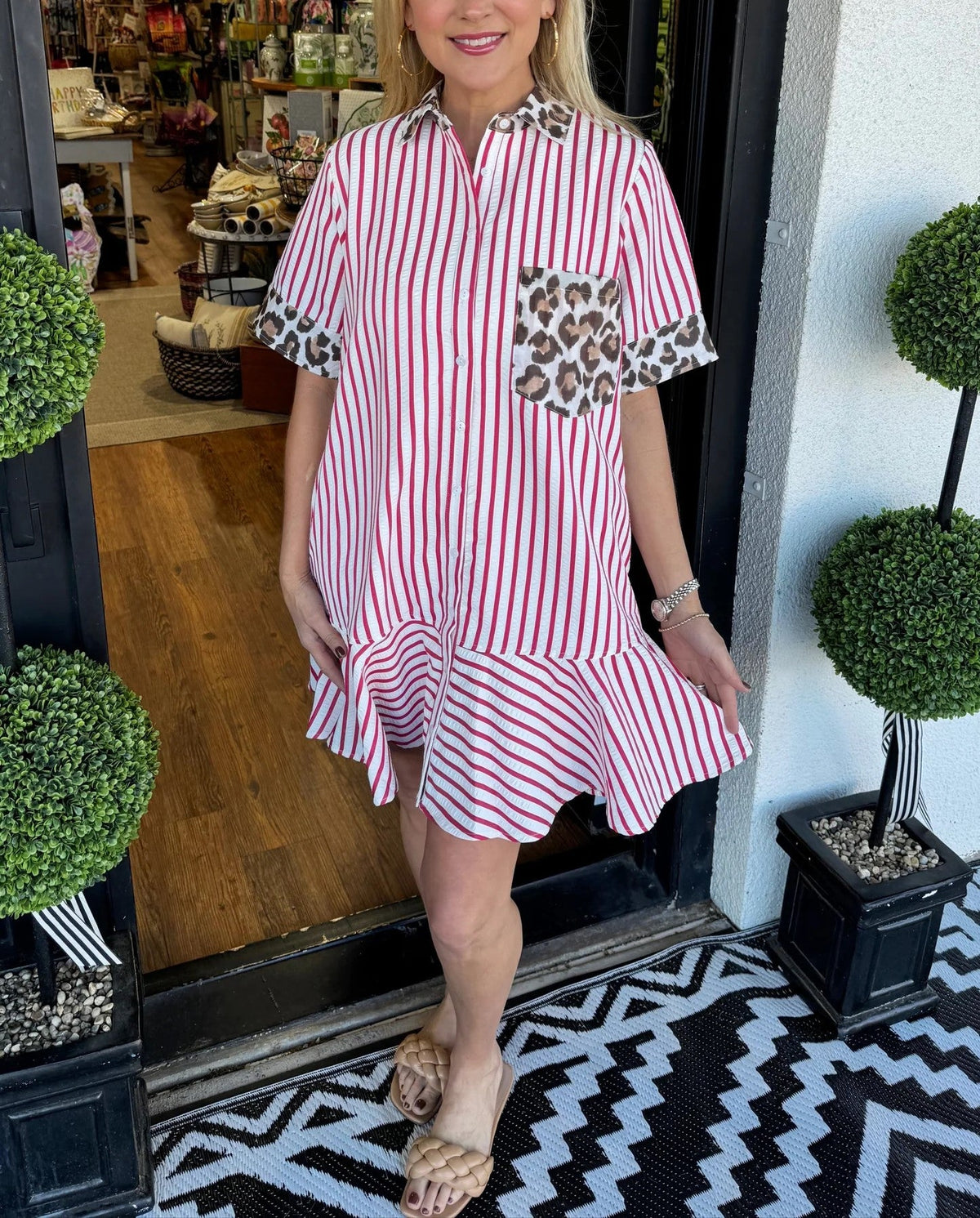 Women's Striped Animal Print Contrast Button Down Dress