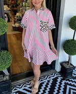 Women's Striped Animal Print Contrast Button Down Dress