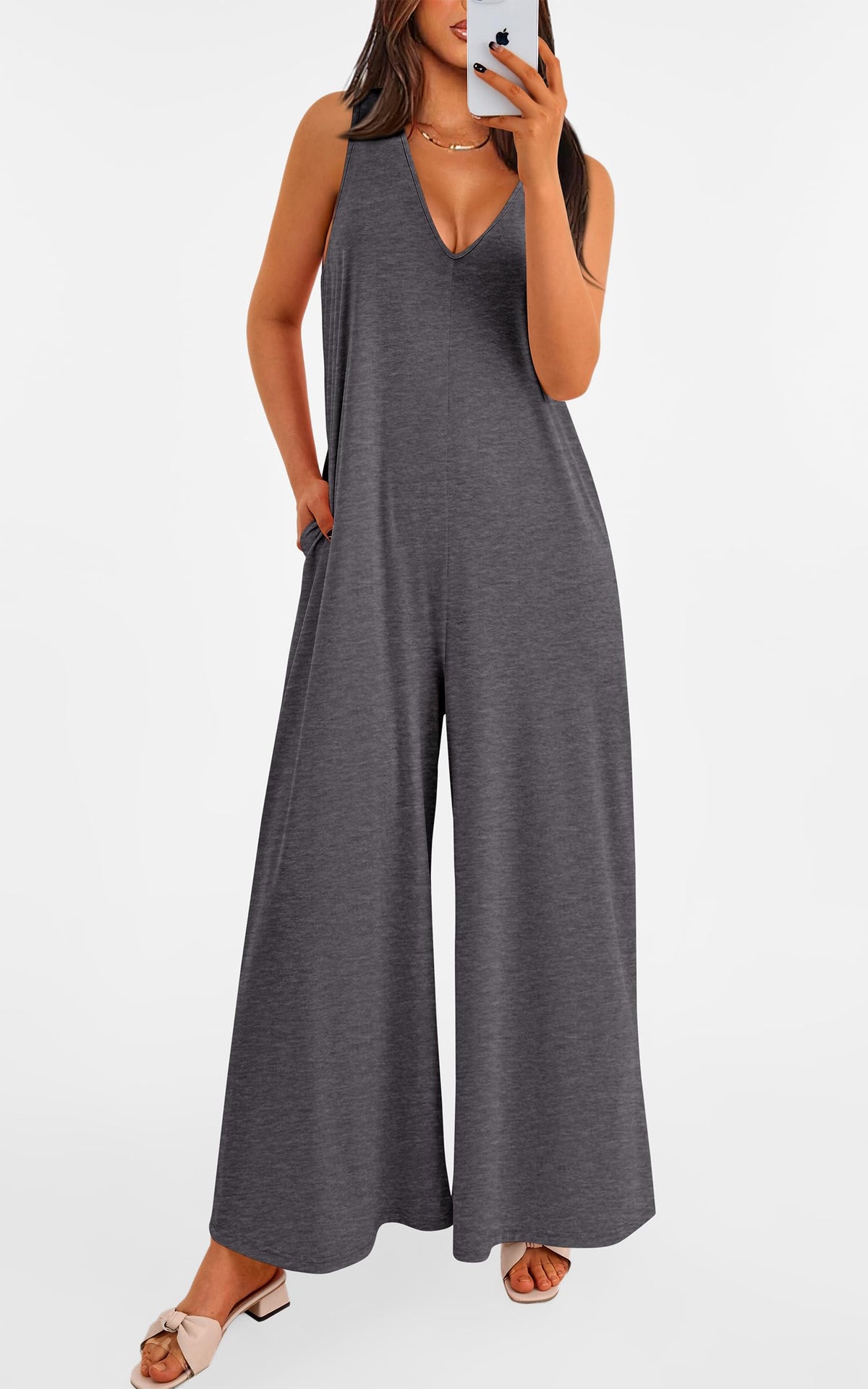 Women's Casual Wide Strap Sleeveless Tank Top V Neck Wide Leg Jumpsuit