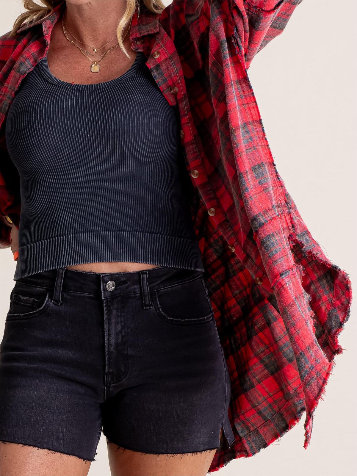 Women's Mineral Washed Button Down Plaid Flannel Shirt
