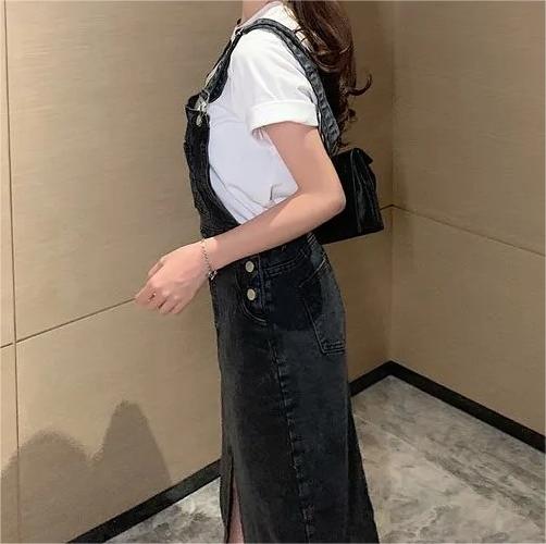 Retro Slim Slit Design Suspenders Skirt