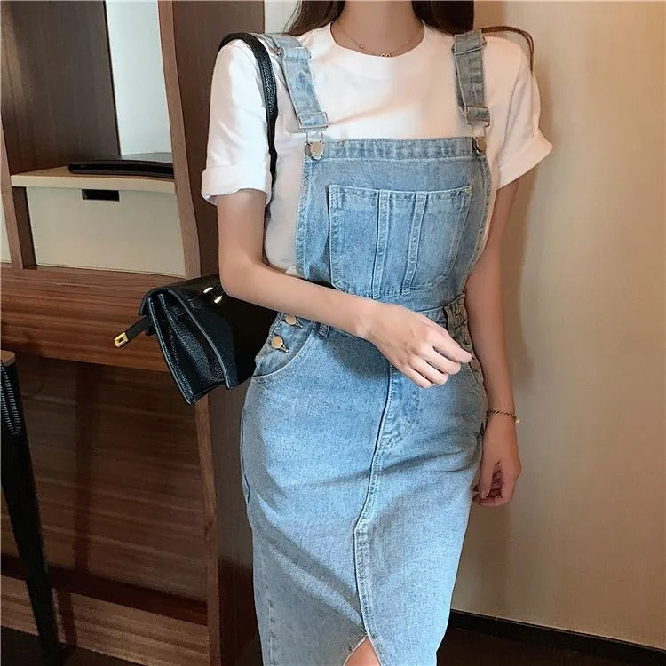 Retro Slim Slit Design Suspenders Skirt