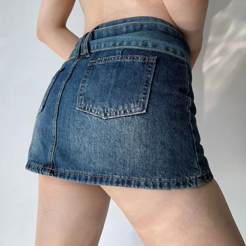 Vintage High Waist Belt Denim Skirt