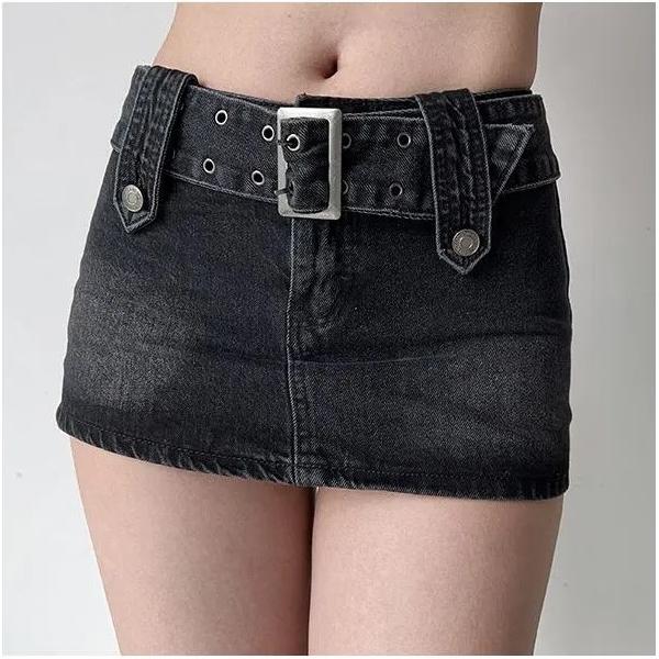 Vintage High Waist Belt Denim Skirt