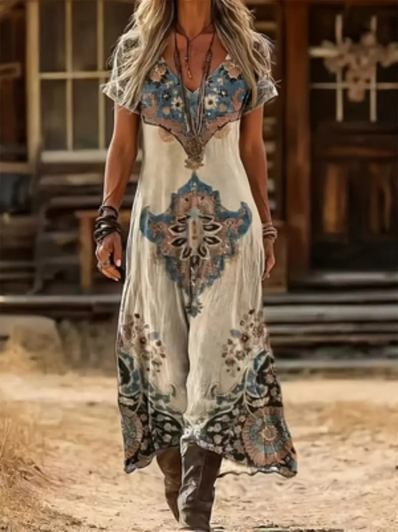Spring Summer Vintage Bohemian Boho Print Dress V Neck Short Sleeve, Retro Style Casual Wear, Women's Fashion Clothing