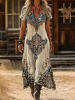 Spring Summer Vintage Bohemian Boho Print Dress V Neck Short Sleeve, Retro Style Casual Wear, Women's Fashion Clothing