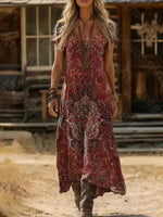 Spring Summer Vintage Bohemian Boho Print Dress V Neck Short Sleeve, Retro Style Casual Wear, Women's Fashion Clothing