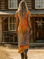 Spring Summer Vintage Bohemian Boho Print Dress V Neck Short Sleeve, Retro Style Casual Wear, Women's Fashion Clothing
