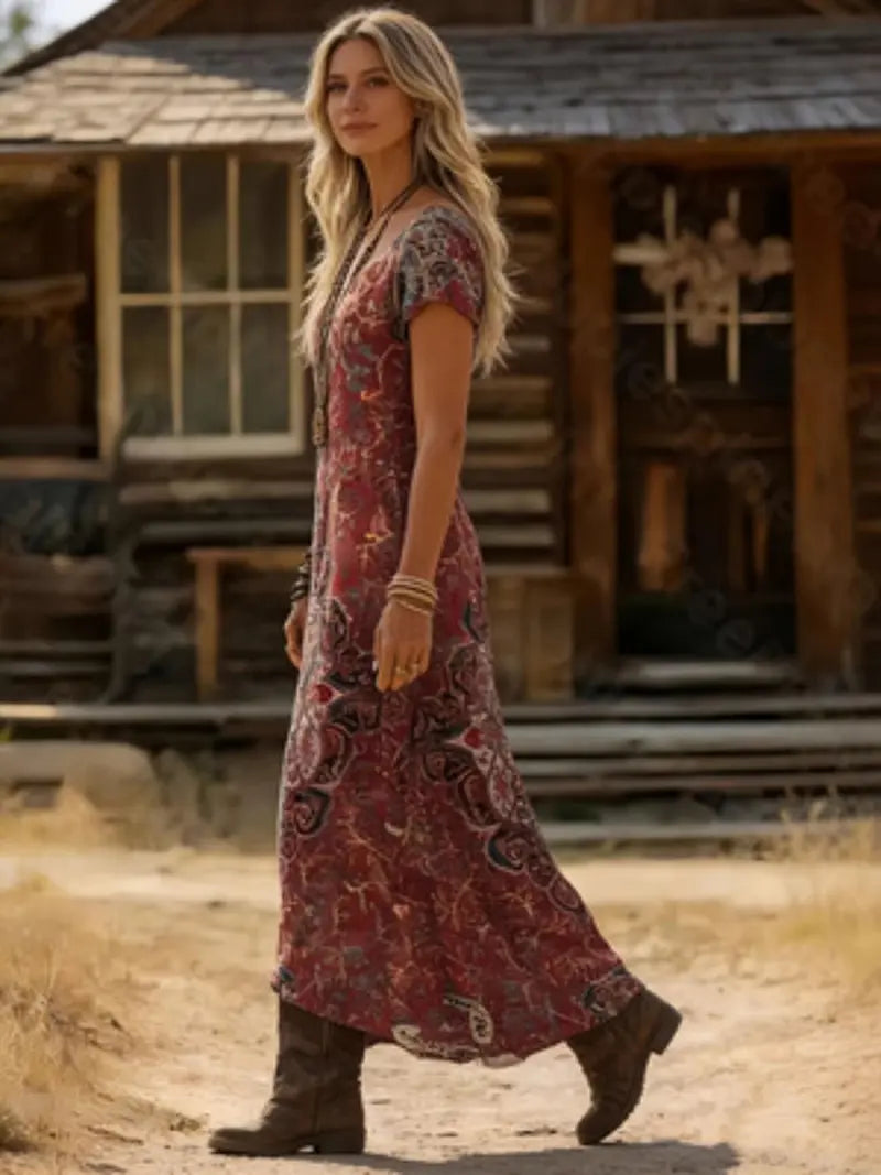 Spring Summer Vintage Bohemian Boho Print Dress V Neck Short Sleeve, Retro Style Casual Wear, Women's Fashion Clothing