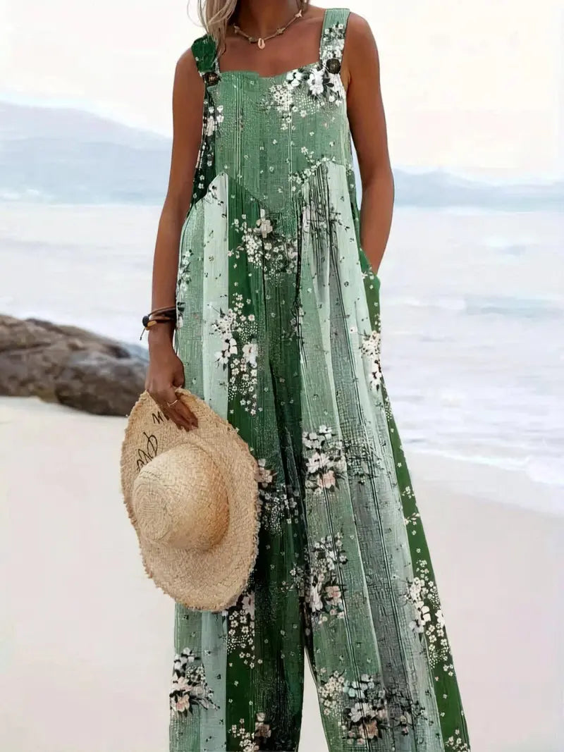 Plus Size All Over Print Floral Button Design Overall, Bohemian Casual Sleeveless Wide Leg Jumpsuit for Beach Vacation, Womenswear for Summer