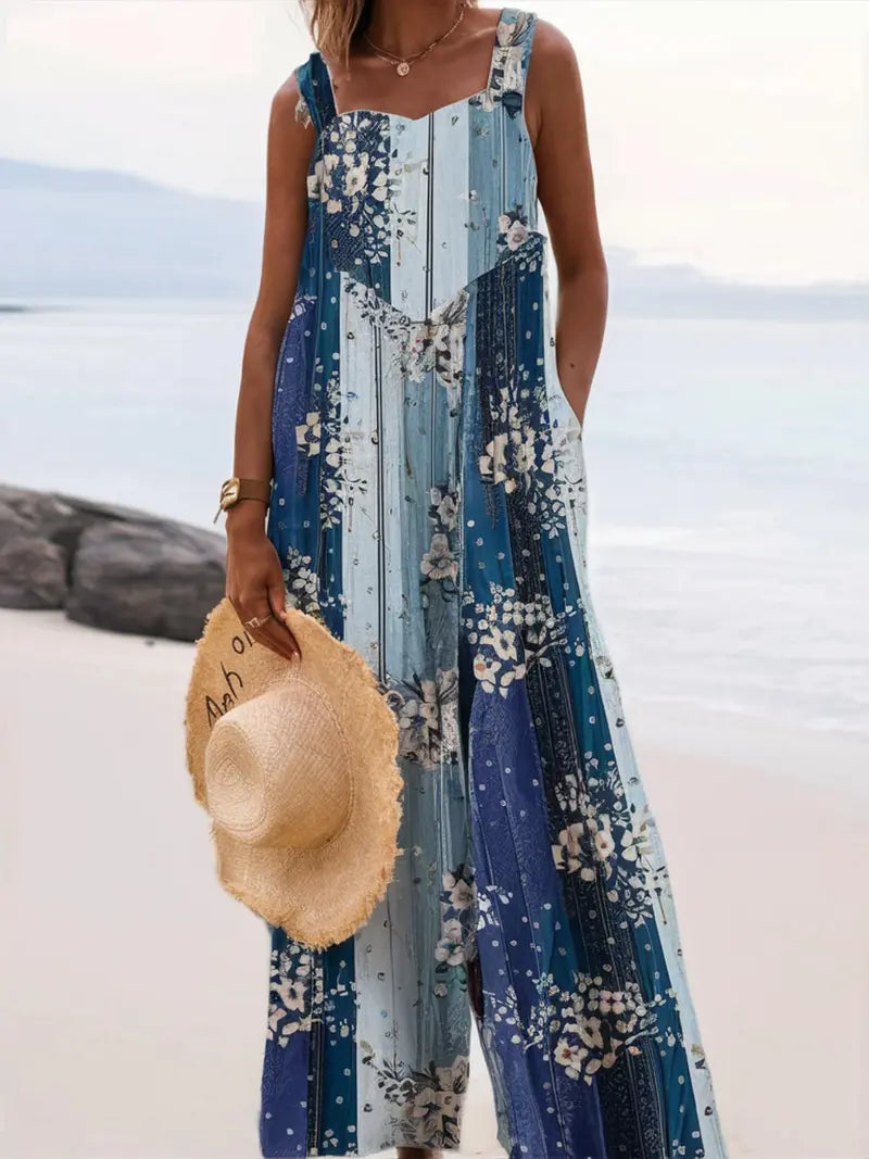 Plus Size All Over Print Floral Button Design Overall, Bohemian Casual Sleeveless Wide Leg Jumpsuit for Beach Vacation, Womenswear for Summer