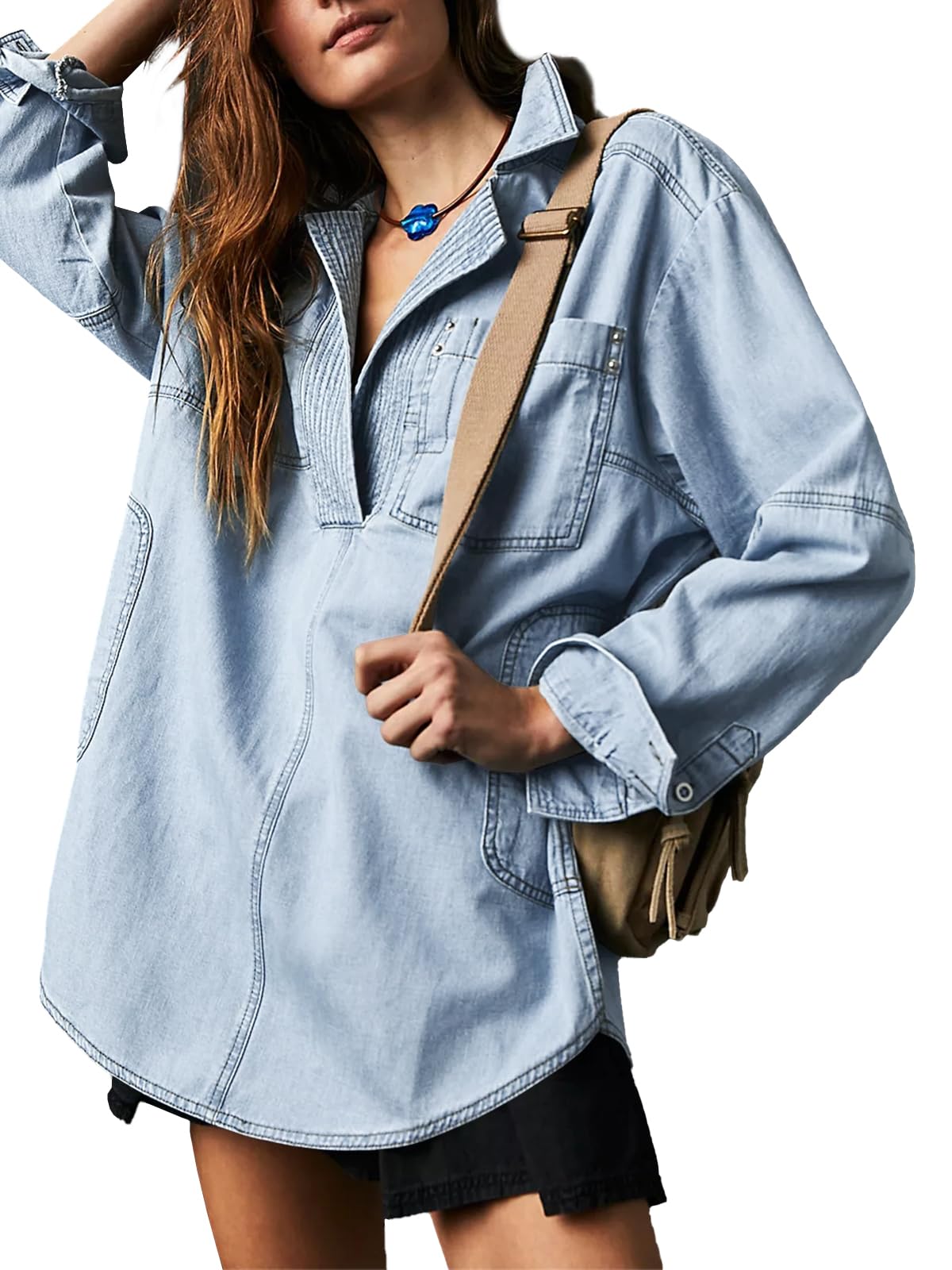 Women's V-Neck Denim Pullover Shirt