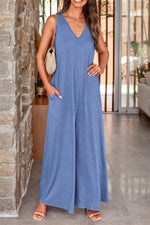 Women's Casual Wide Strap Sleeveless Tank Top V Neck Wide Leg Jumpsuit