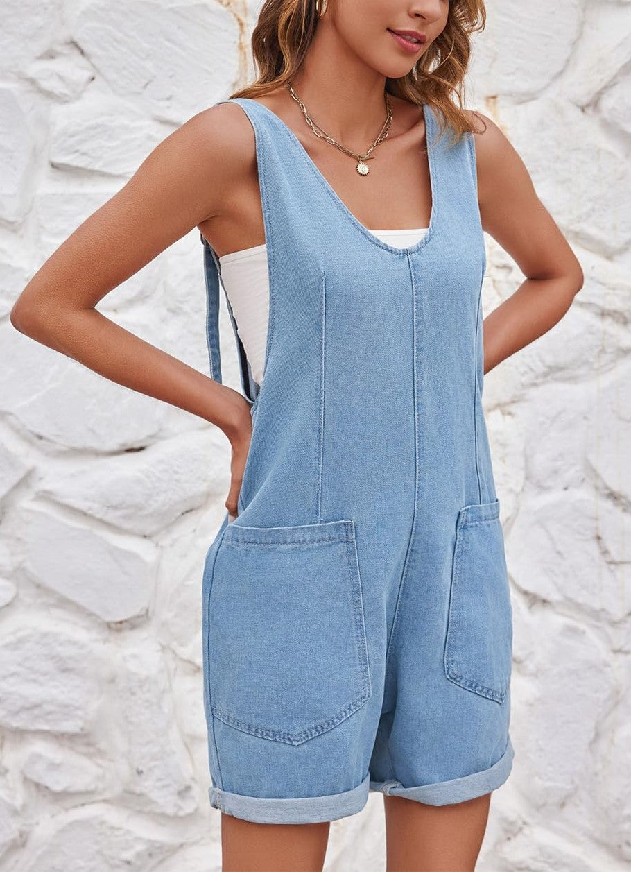 Women's Casual Adjustable Denim Romper with Pockets