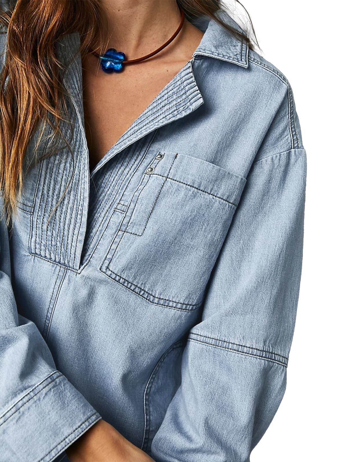 Women's V-Neck Denim Pullover Shirt