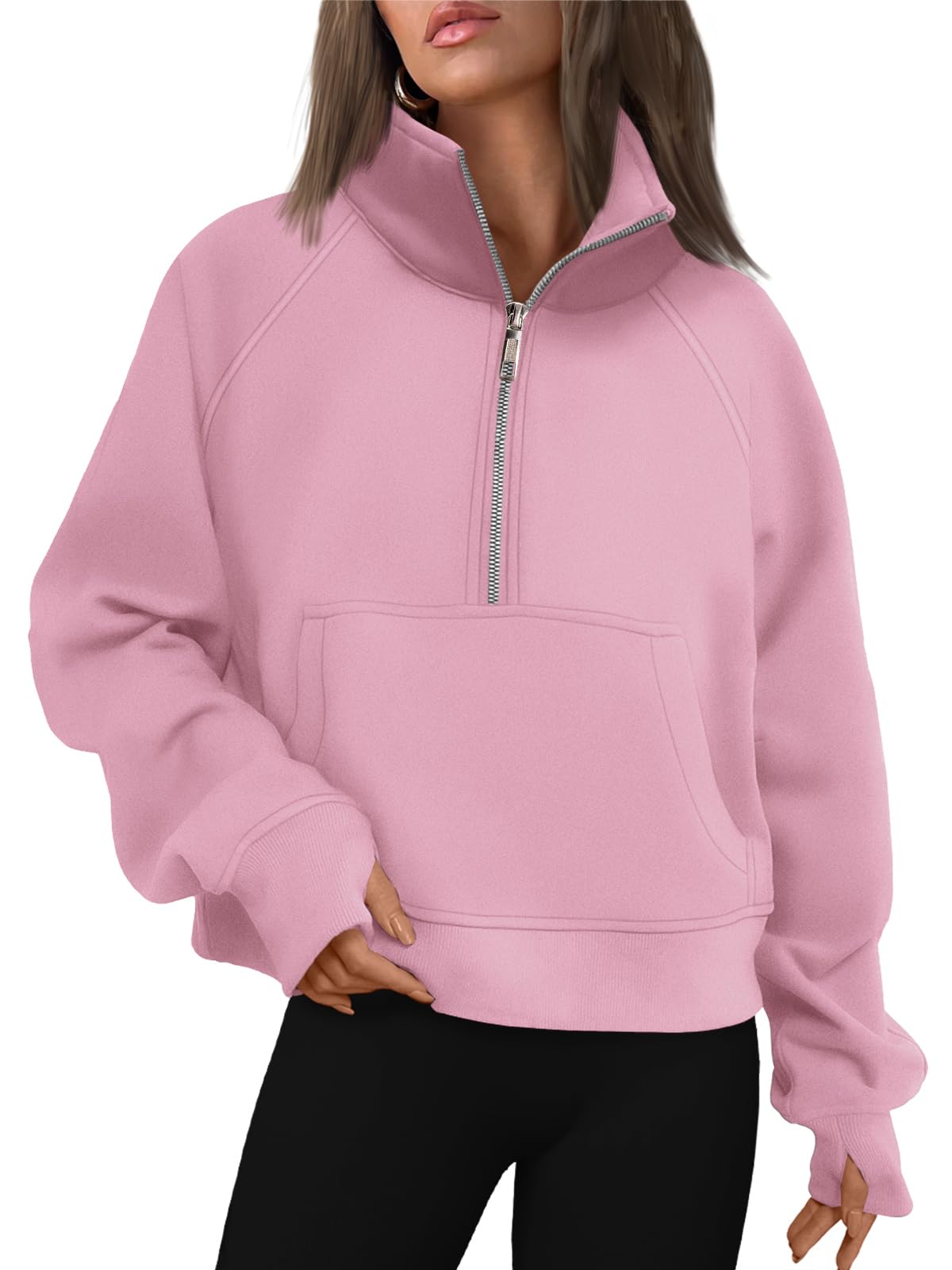 Women's Half Zip Cropped Sweatshirt With Thumb Holes