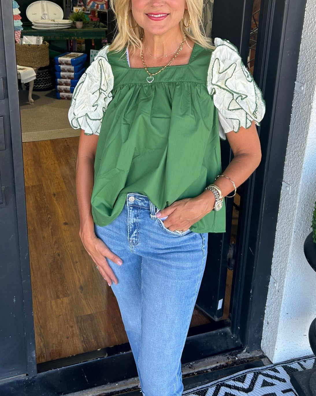 Women's Square Neck Ruffle Sleeve Top
