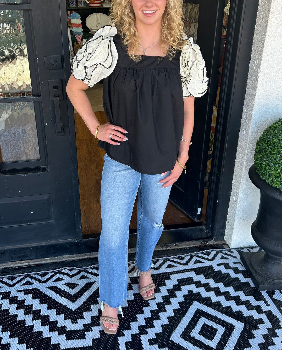 Women's Square Neck Ruffle Sleeve Top
