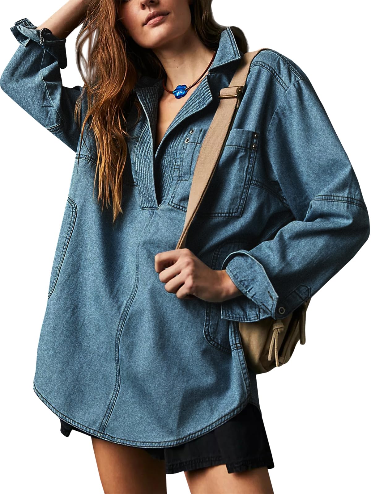Women's V-Neck Denim Pullover Shirt