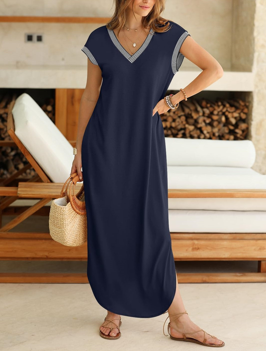 Women's V Neck Split Loose Long Dress