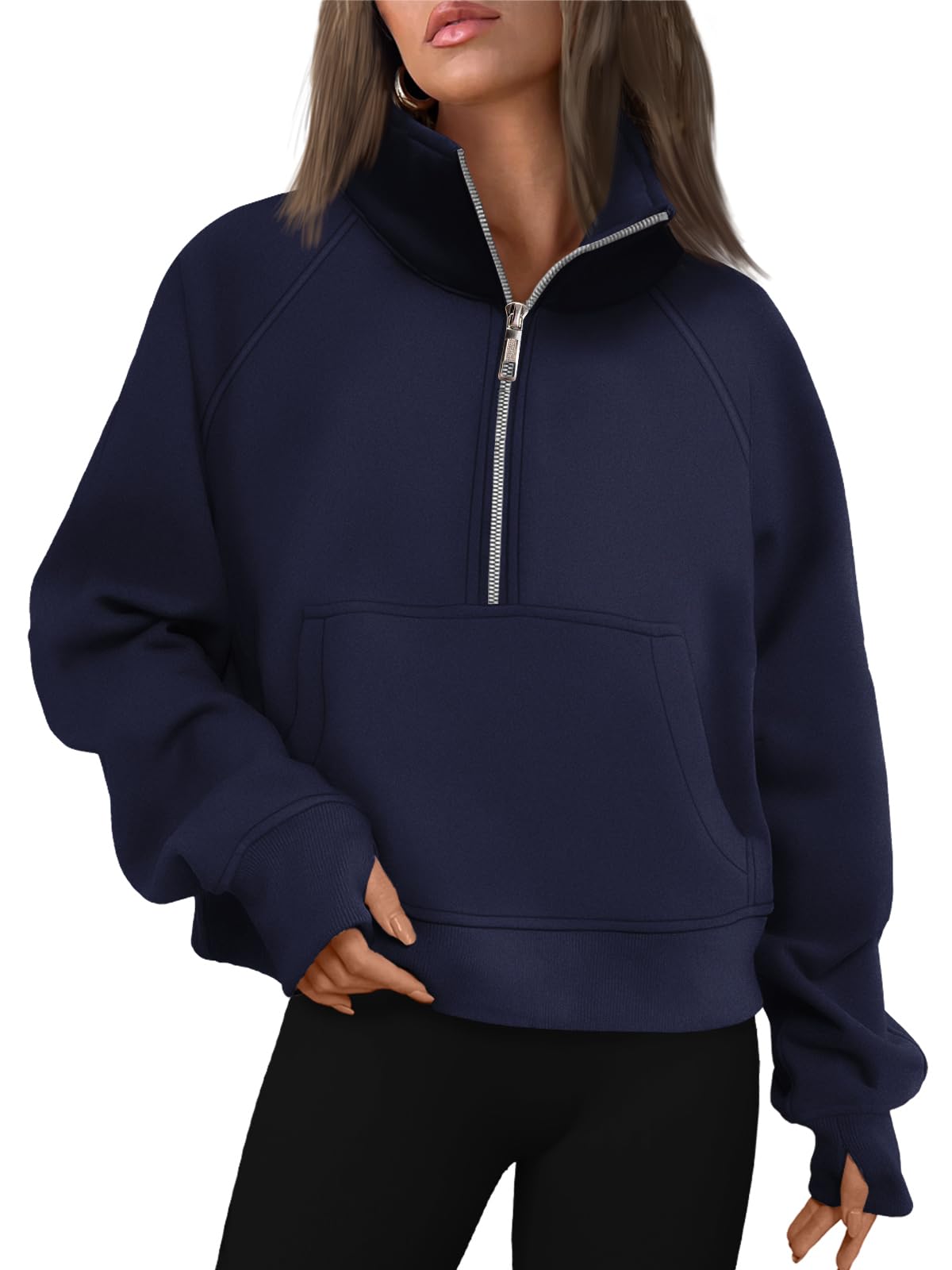 Women's Half Zip Cropped Sweatshirt With Thumb Holes