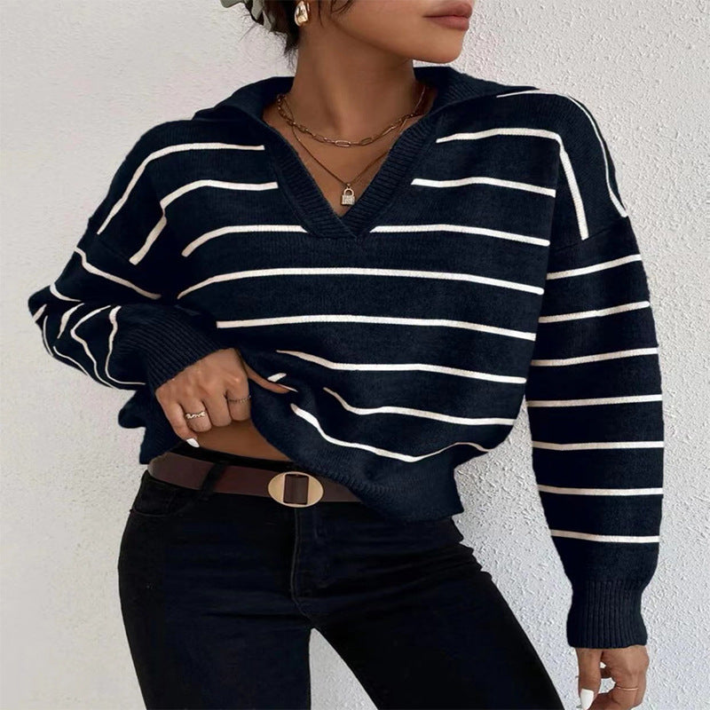 Spring Knitted Tops Versatile Polo Neck Striped Shirt