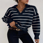 Spring Knitted Tops Versatile Polo Neck Striped Shirt